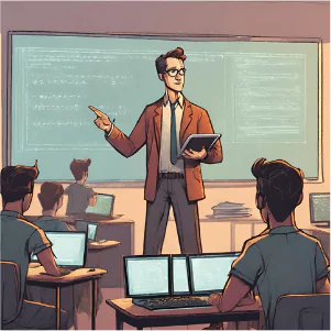 Cartoon teacher in front of Computer Programming Class
